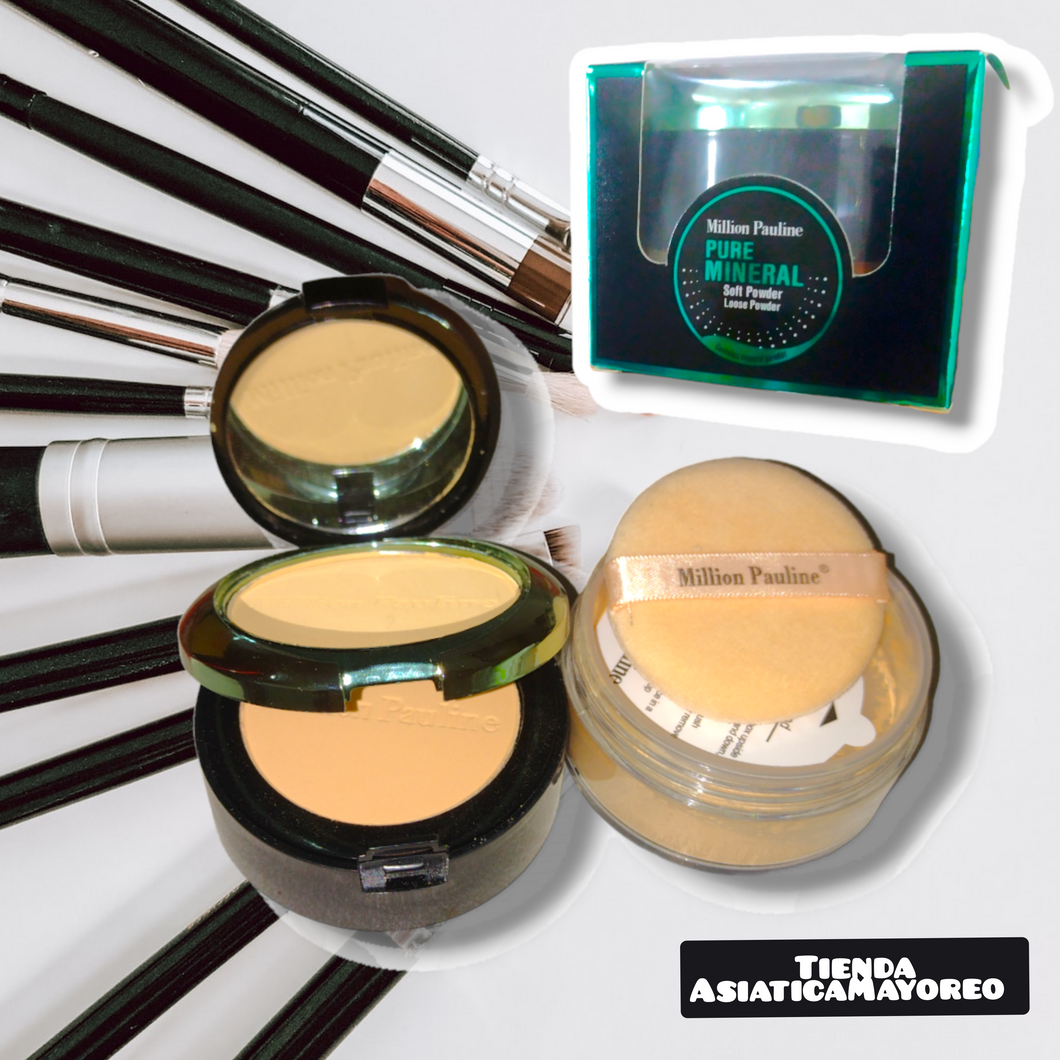Polvo 3 en 1 Pure Mineral 2 polvo compacto+ 1 polvo Suelto+esponja Aplicadora +Espejo Million Pauline Variado