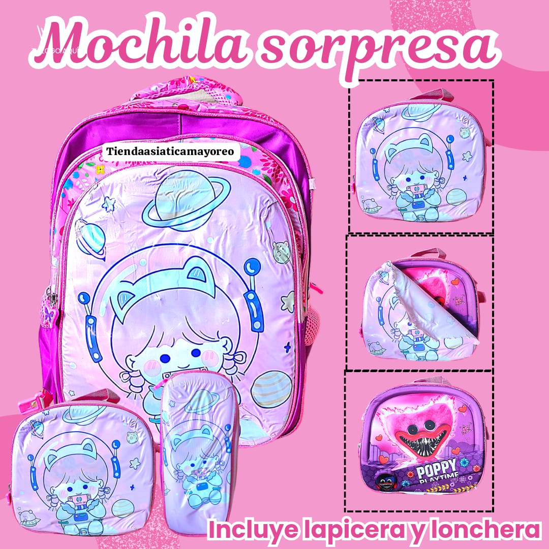 Trio de Mochila Sorpresa Personajes ( Mochila + Lonchera + Lapicera )