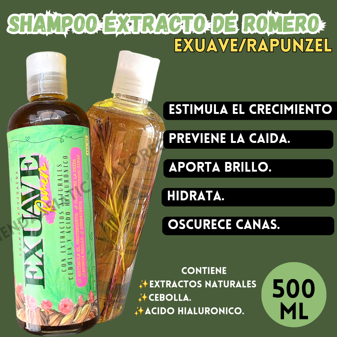 Shampoo Rapunzel-Exuave Anti-Caida con Extracto de Romero y Acido Hialuronico