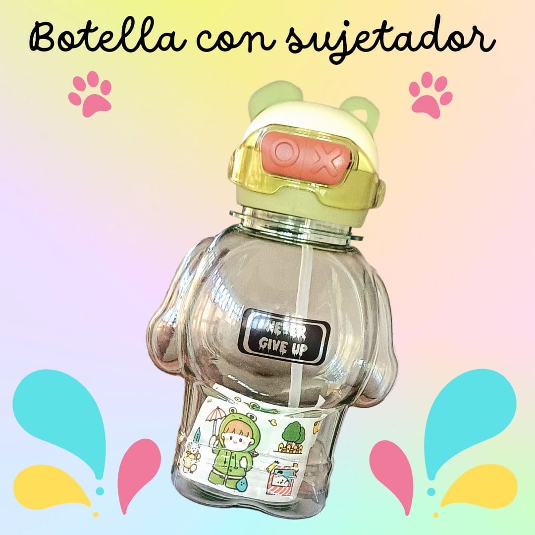 Botella Oso Never Give Up 800 ml con Stickers + Sujedor Variado