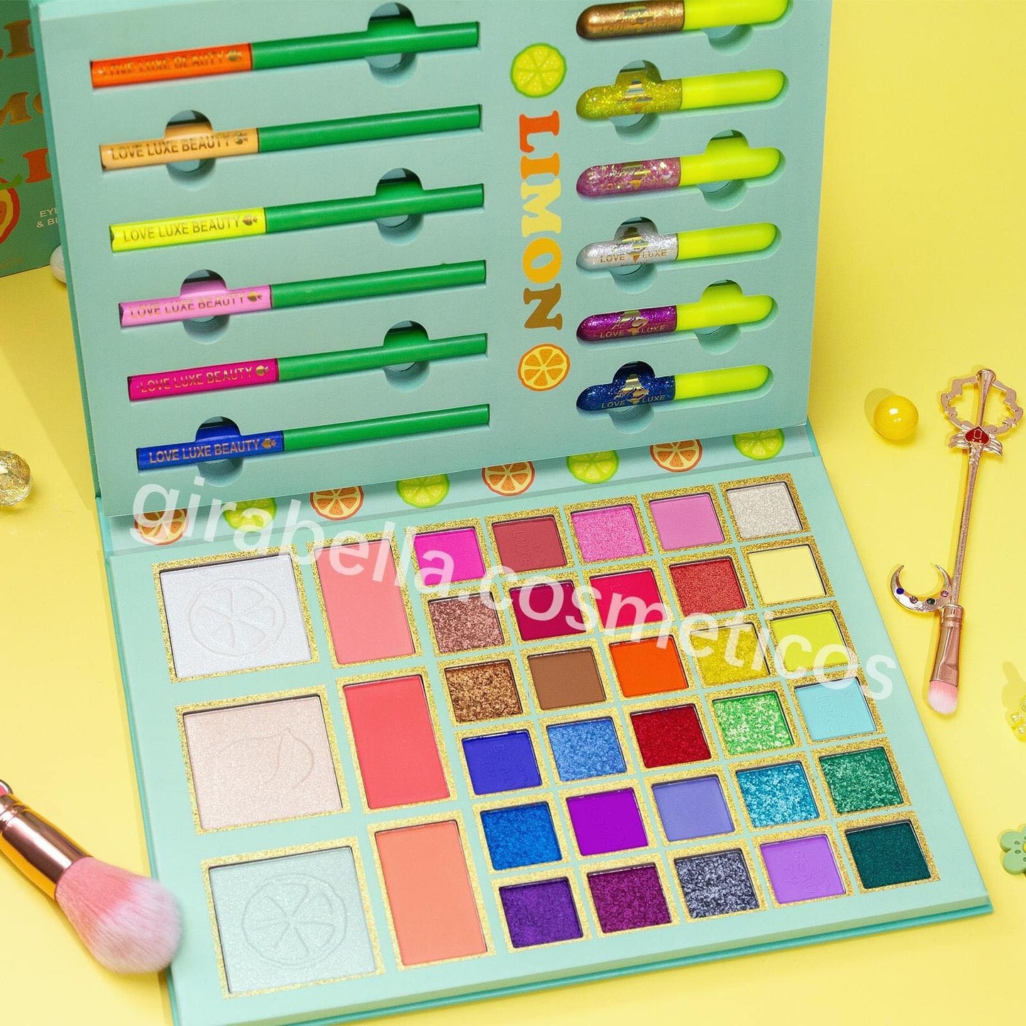 Libro de sombras + rubores + iluminadores + sombras líquidas + delineadores Limon Limonada Love Luxe-naranja