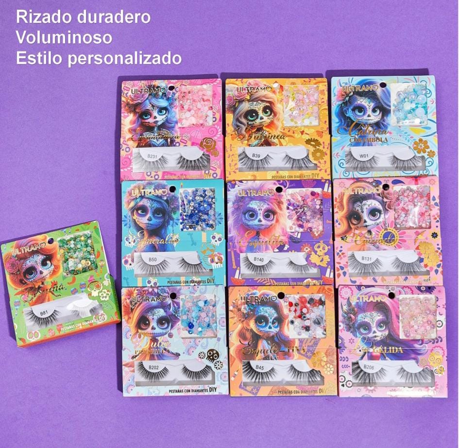 Caja con 10 pares de Pestañas postizas catrinas kawaii ULTRAMO