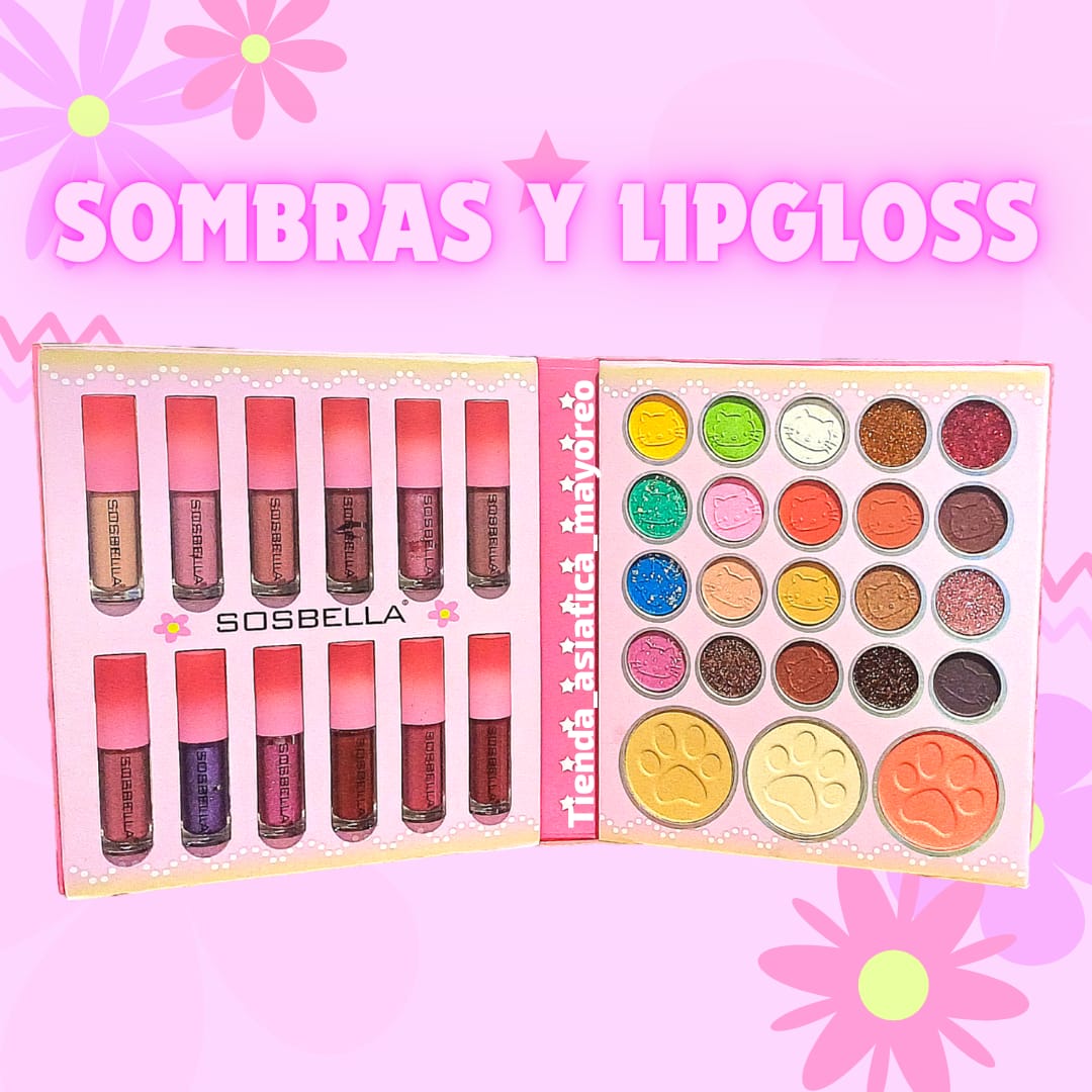 Libro de Sombras 23 Tonos +Rubor+Iluminador+12 Lipgloss Kitty Bicicleta SOSBELLA