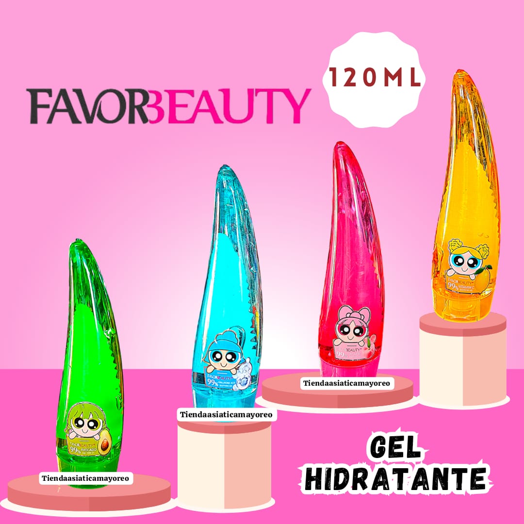 Gel Hidratante Chicas Variado Favor Beauty con Extracto de Durazno, Aguacate, Acido Hialuronico, Aloe Vera y Vitamina C  120ml