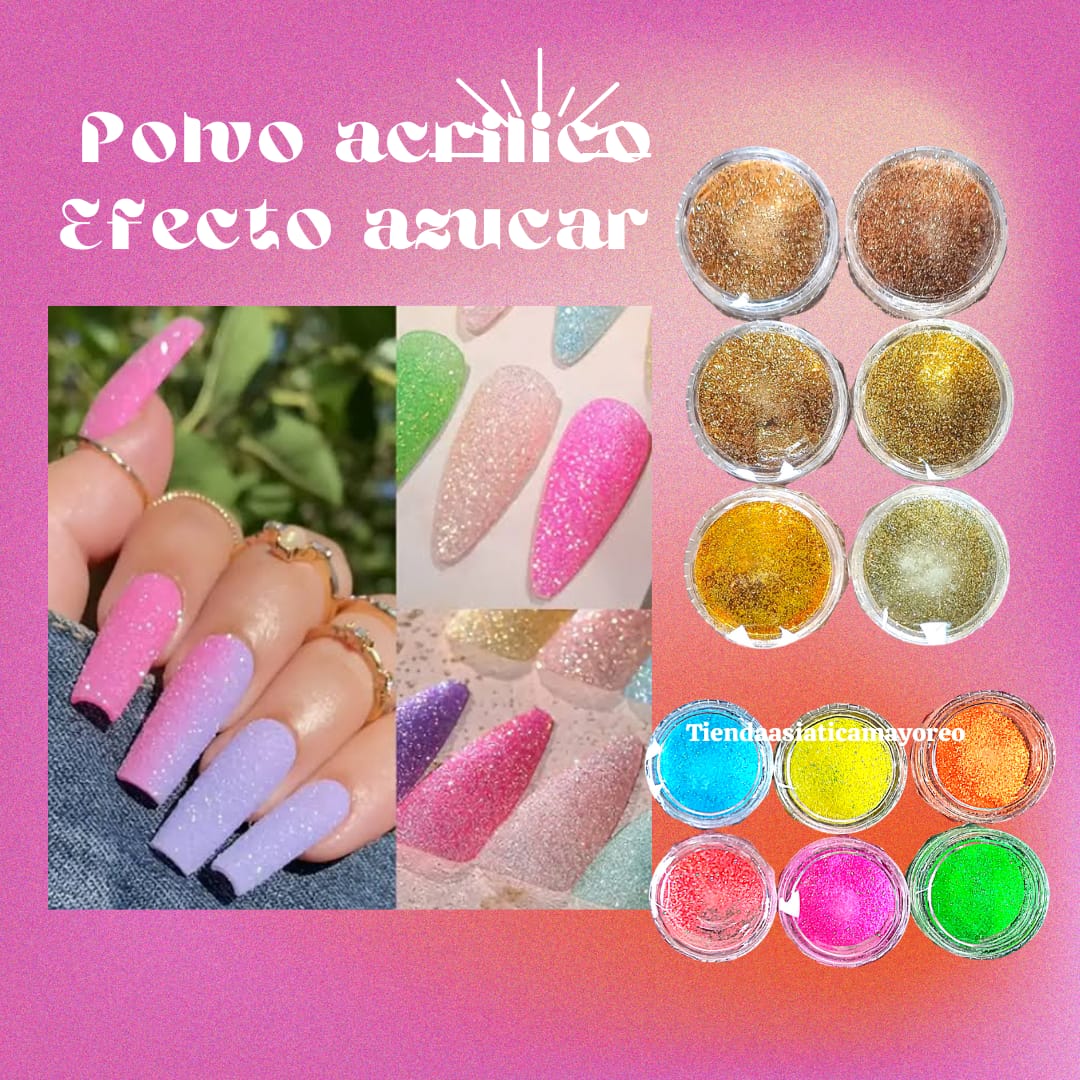 Polvo acrilico para Uñas Efecto Azucarado 6pzs Variado