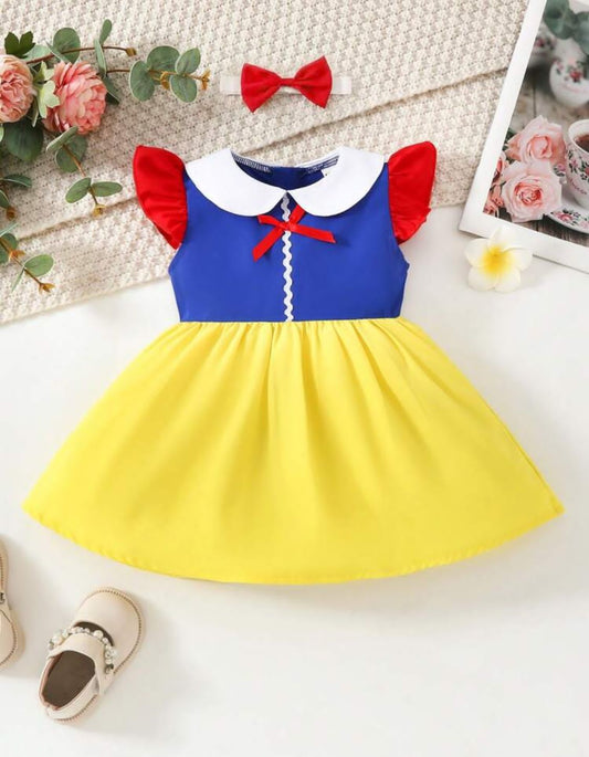 Vestido Blanca Nieves Cuello redondo y manga olán talla 6-9 meses incluye moño para cabello