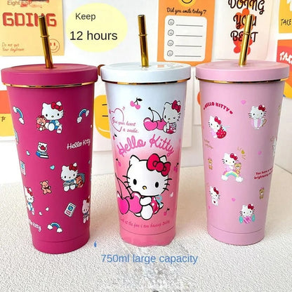 Vaso Sanrio metalico 750ml + popote +cepillo limpiador variado calidad premium