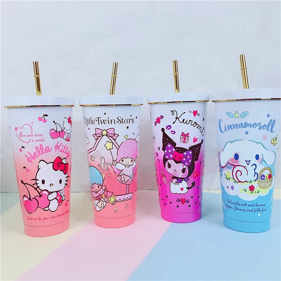 Vaso Sanrio metalico 750ml + popote +cepillo limpiador variado calidad premium