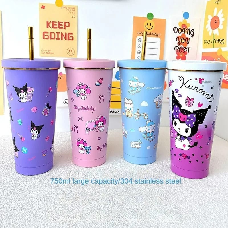 Vaso Sanrio metalico 750ml + popote +cepillo limpiador variado calidad premium