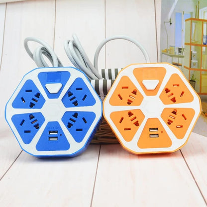 Multi contacto  universal diseño hexagonal  con 2 puertos USB variado