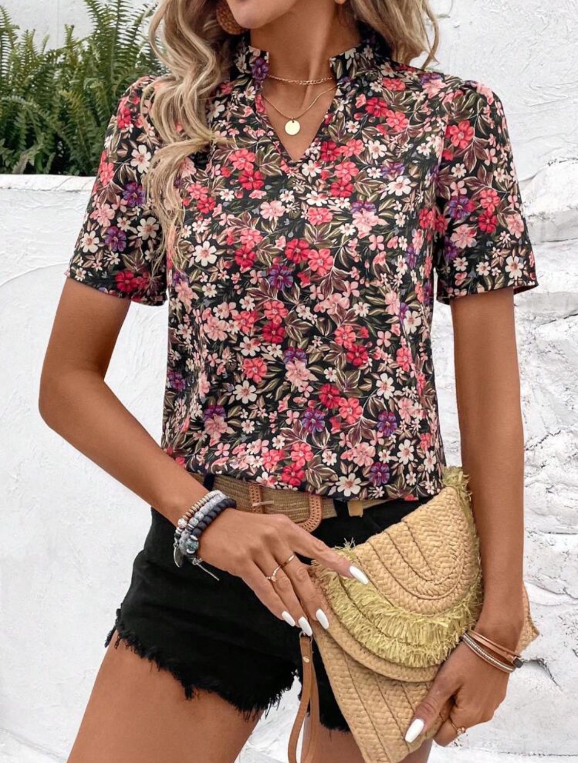 Blusa manga corta con estampado floral talla grande