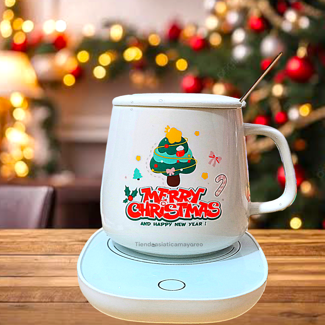 Set de taza navideña con tapa+calentador+ cucharita mezcladora edición navidad variado