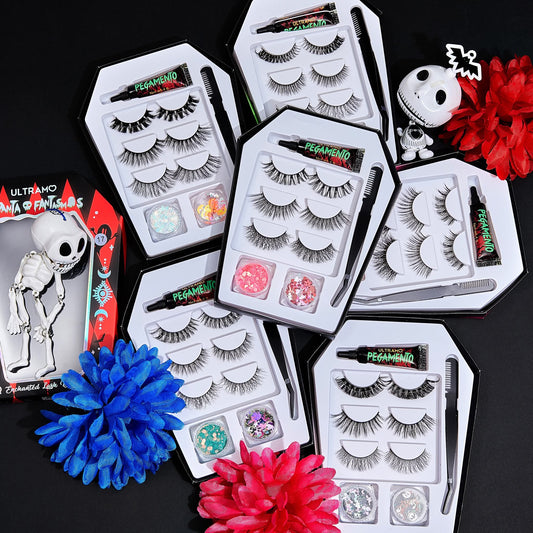 Caja con 6 trios de Pestañas postizas+pegamento+escarcha decorativa ULTRAMO
