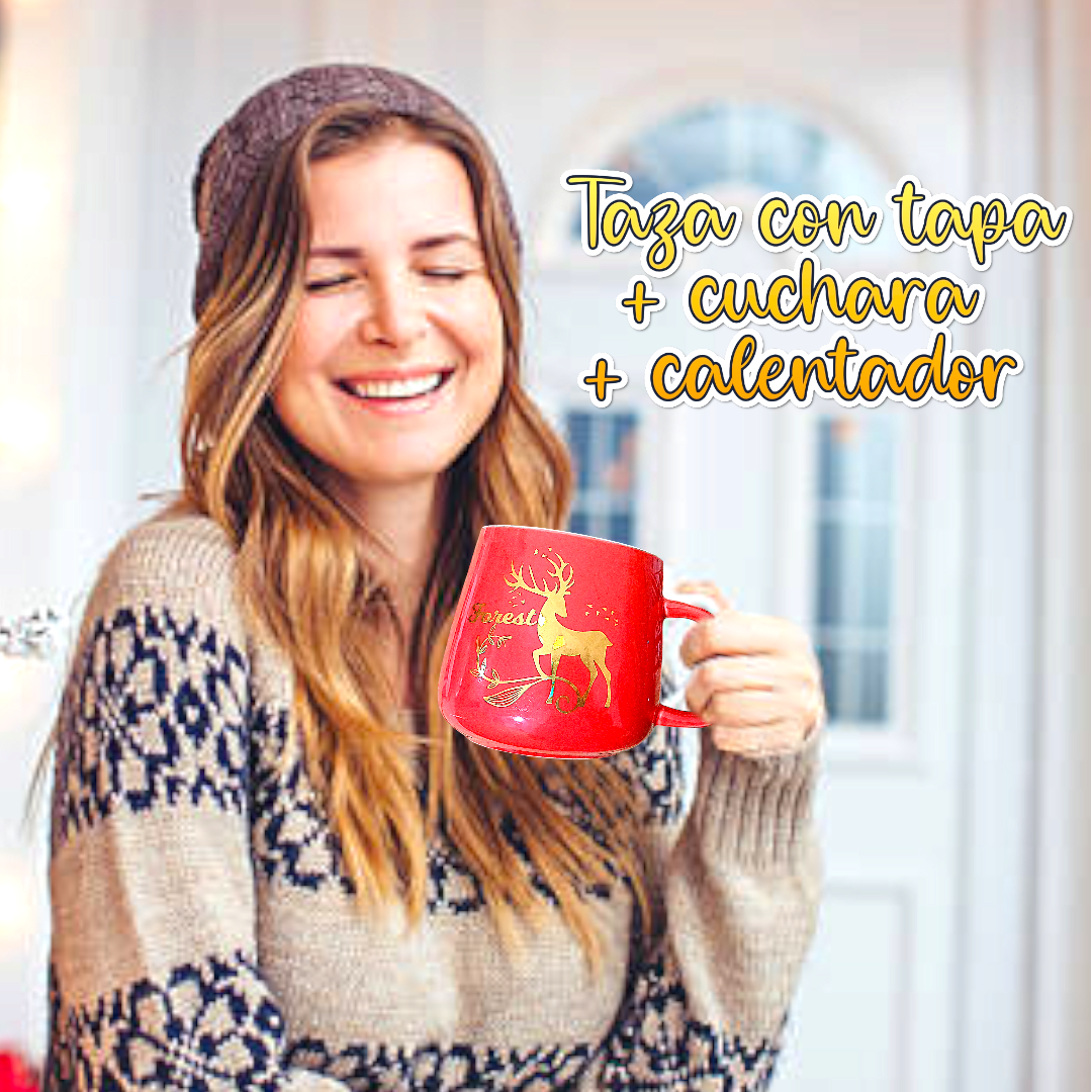 Set de taza navideña con tapa+calentador+ cucharita mezcladora edición navidad variado